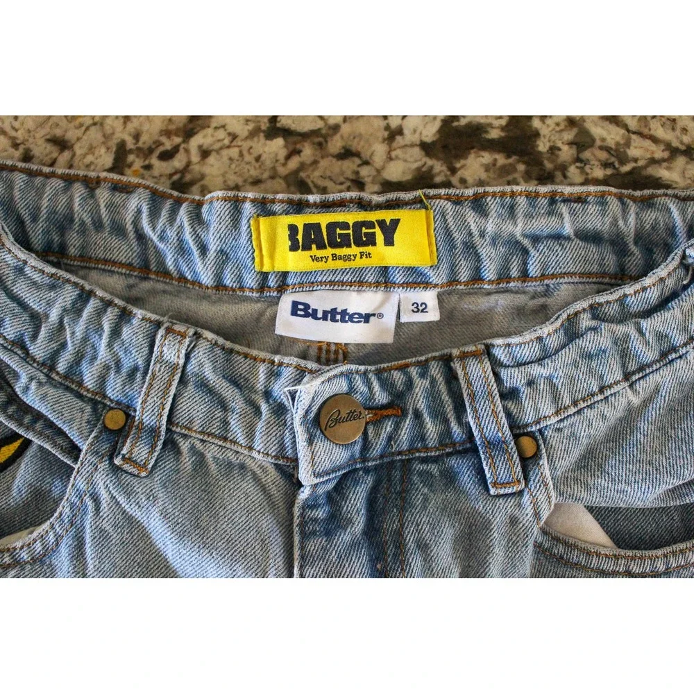 Butter Goods Baggy Fit Jeans Mens 32 x 27 Light Blue Embroidered Wide Leg Skate